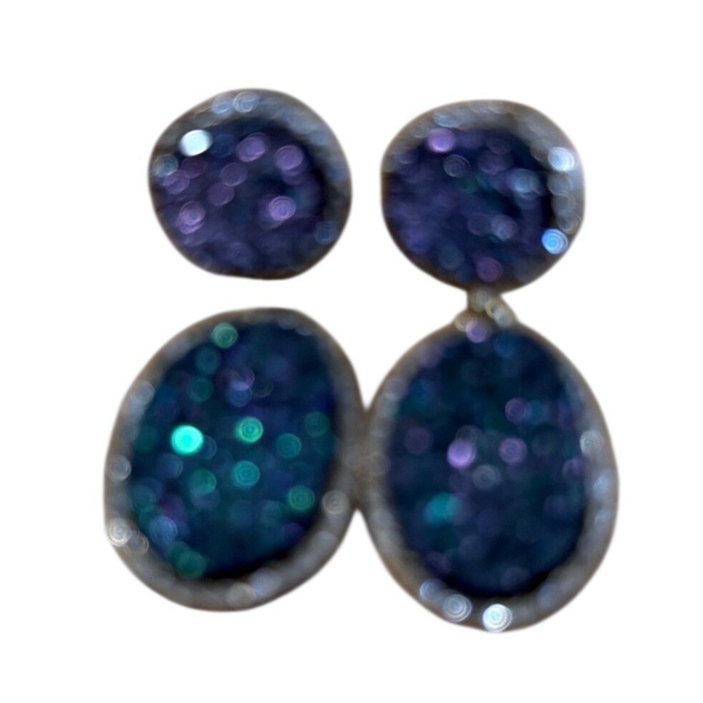 Iridescent Purple‎ Blue Druzy Oval Drop Earrings Pavé Crystal Halo Silver Tone